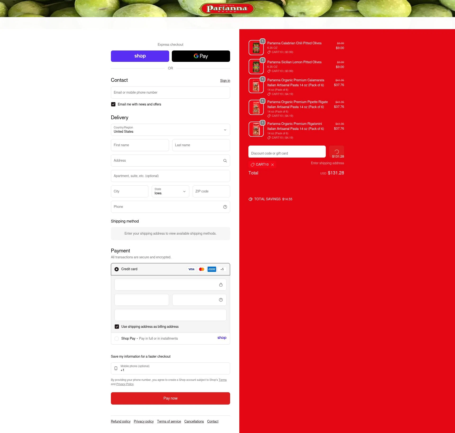Partanna checkout page showing Partanna promo code box | Screenshot taken by SimplyCodes community member on Jan 8, 2026