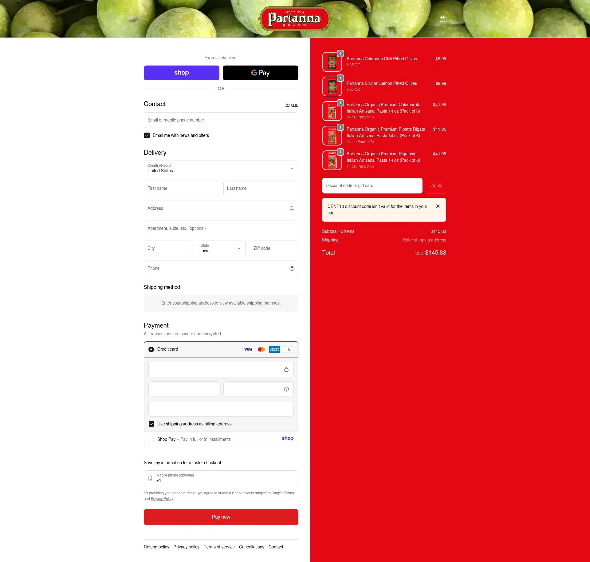 Partanna checkout page showing Partanna promo code box | Screenshot taken by SimplyCodes community member on Jan 8, 2026