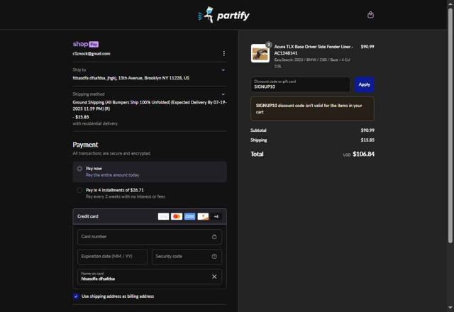 Partify checkout page showing Partify discount code box | Screenshot taken by SimplyCodes community member on Jul 1, 2025