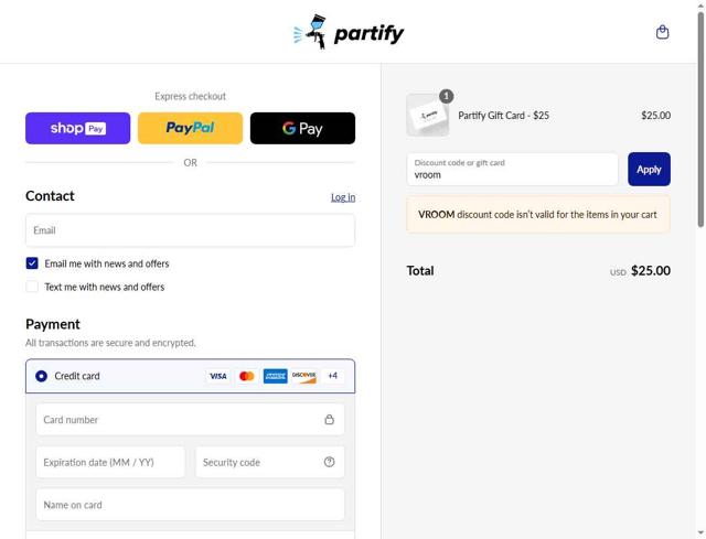 Partify checkout page showing Partify discount code box | Screenshot taken by SimplyCodes community member on Aug 28, 2025