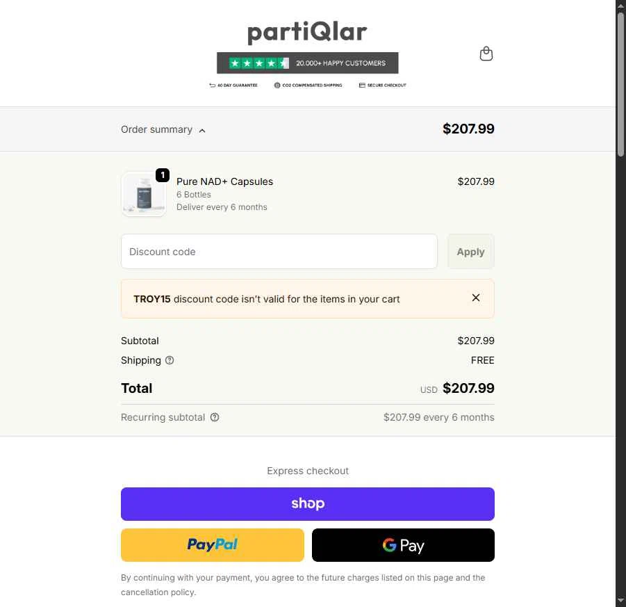 partiQlar checkout page showing partiQlar coupon code box | Screenshot taken by SimplyCodes community member on Dec 30, 2025