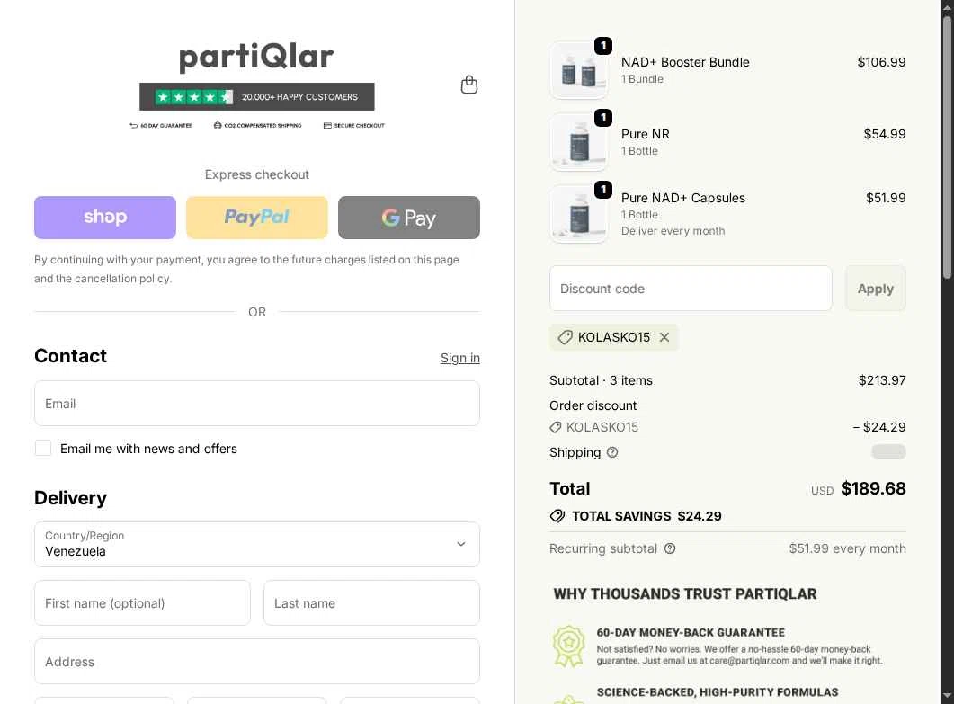 partiQlar checkout page showing partiQlar coupon code box | Screenshot taken by SimplyCodes community member on Jan 8, 2026