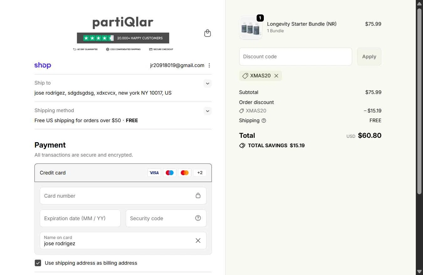 partiQlar checkout page showing partiQlar coupon code box | Screenshot taken by SimplyCodes community member on Jan 2, 2026