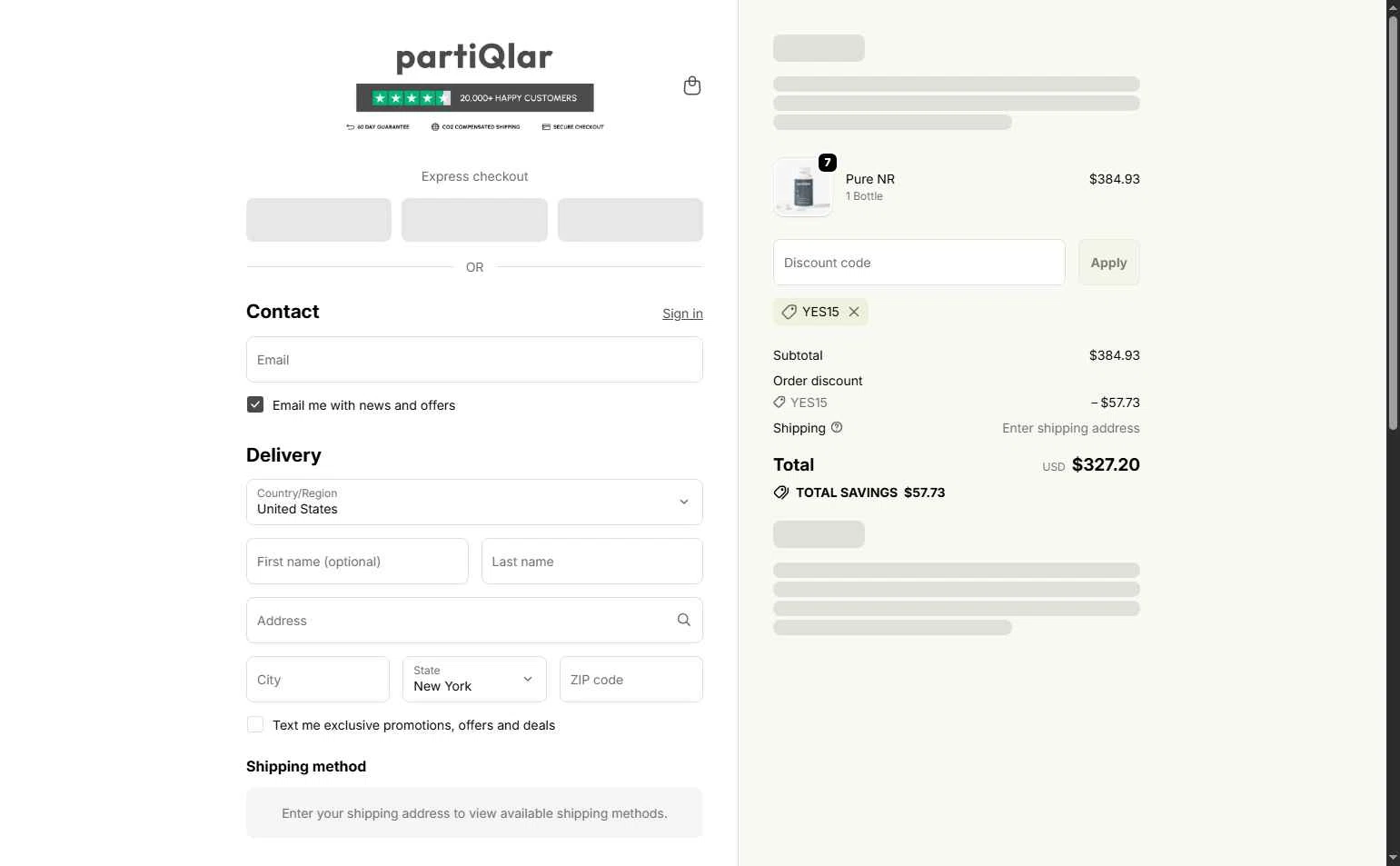 partiQlar checkout page showing partiQlar coupon code box | Screenshot taken by SimplyCodes community member on Dec 30, 2025