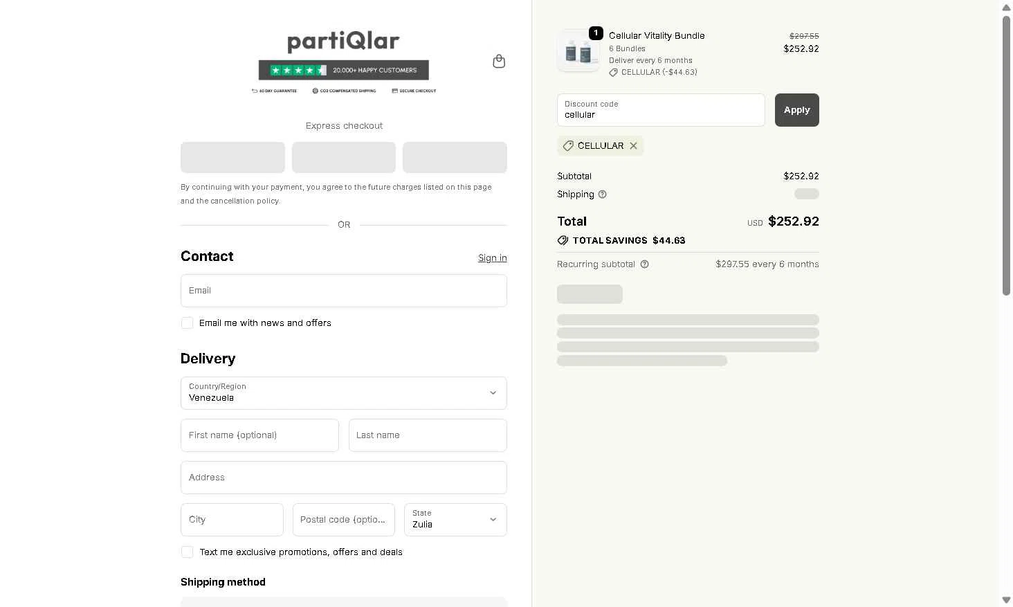 partiQlar checkout page showing partiQlar coupon code box | Screenshot taken by SimplyCodes community member on Jan 8, 2026