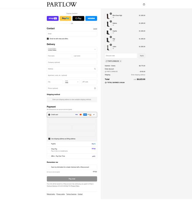 Partlow checkout page showing Partlow promo code box | Screenshot taken by SimplyCodes community member on Aug 17, 2025