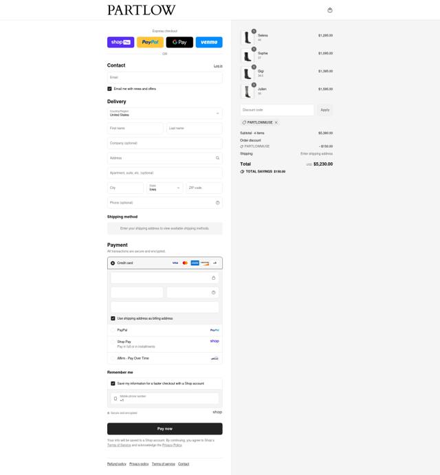 Partlow checkout page showing Partlow promo code box | Screenshot taken by SimplyCodes community member on Aug 27, 2025