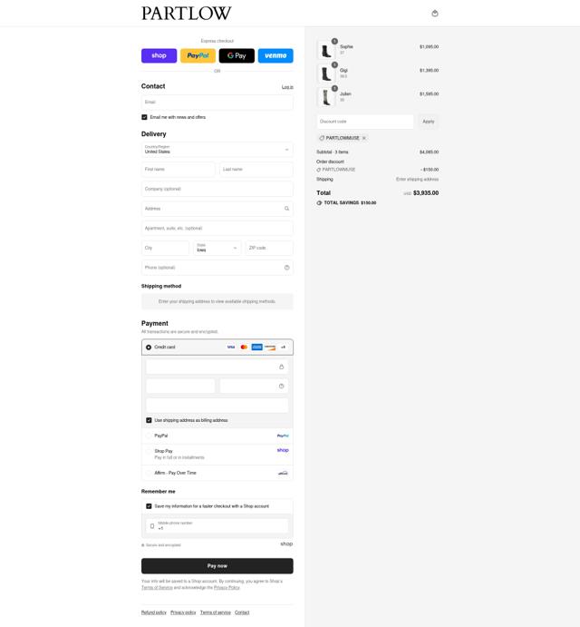 Partlow checkout page showing Partlow promo code box | Screenshot taken by SimplyCodes community member on Sep 8, 2025