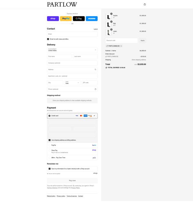 Partlow checkout page showing Partlow promo code box | Screenshot taken by SimplyCodes community member on Sep 4, 2025