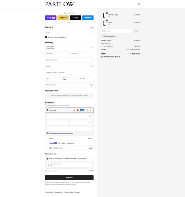 Partlow checkout page showing Partlow promo code box | Screenshot taken by SimplyCodes community member on Aug 13, 2025
