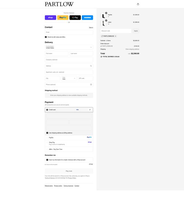 Partlow checkout page showing Partlow promo code box | Screenshot taken by SimplyCodes community member on Sep 12, 2025