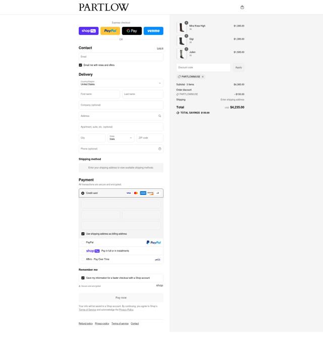 Partlow checkout page showing Partlow promo code box | Screenshot taken by SimplyCodes community member on Aug 9, 2025
