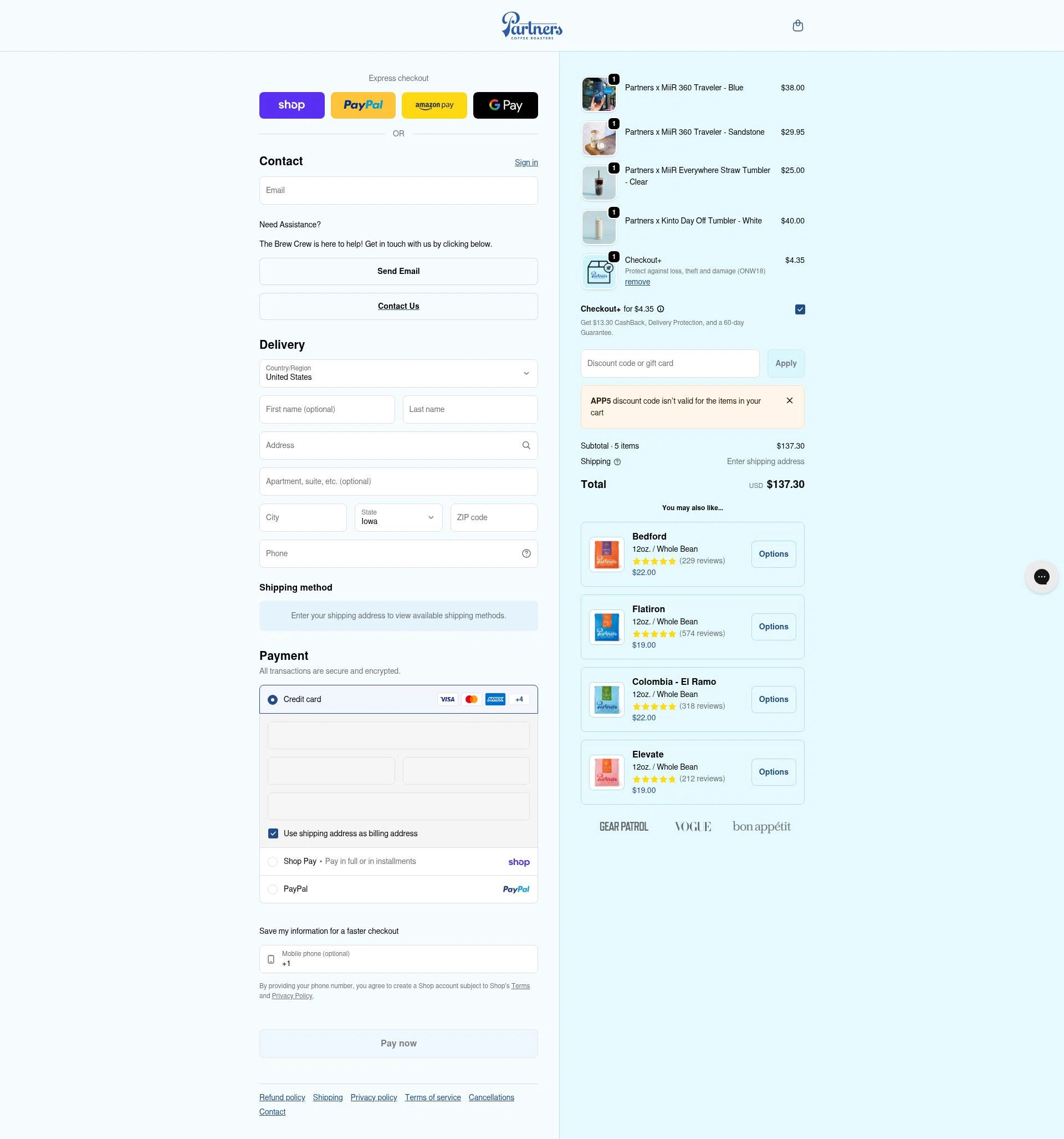Partners Coffee checkout page showing Partners Coffee discount code box | Screenshot taken by SimplyCodes community member on Feb 3, 2026