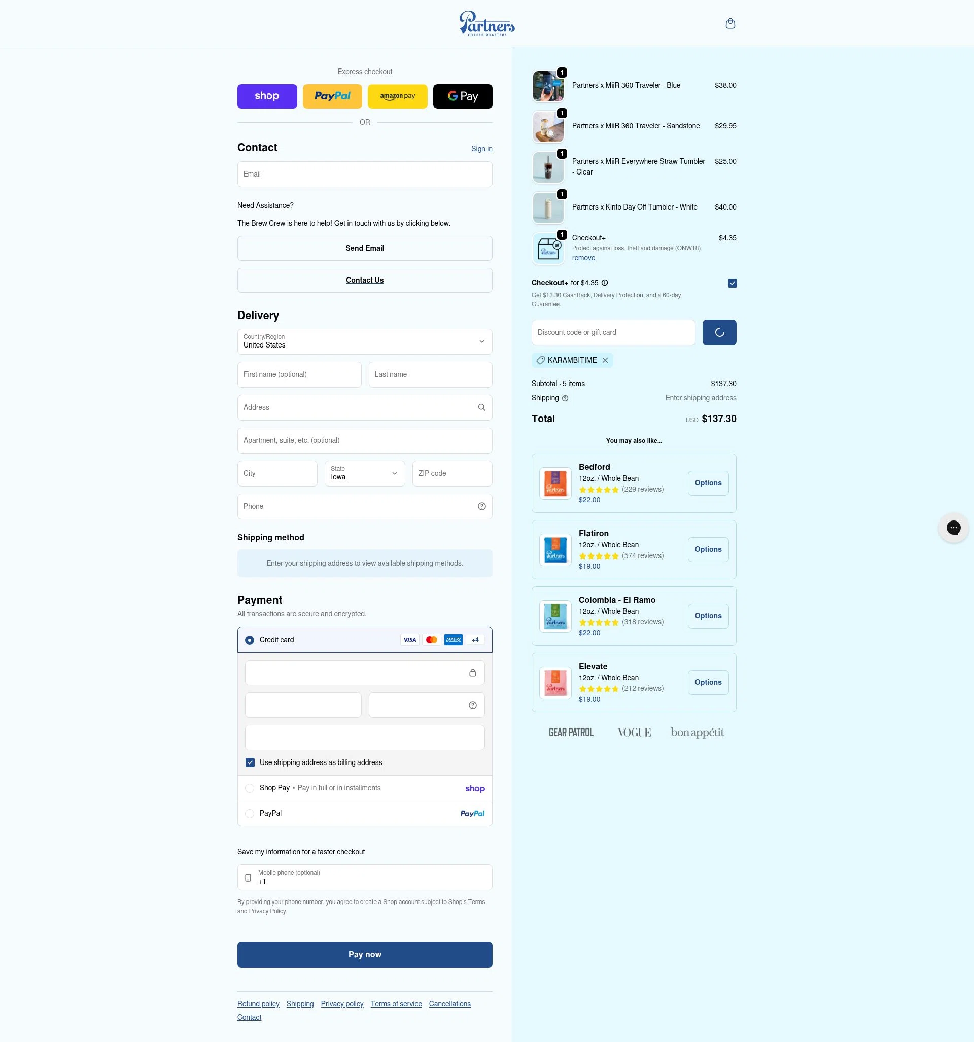 Partners Coffee checkout page showing Partners Coffee discount code box | Screenshot taken by SimplyCodes community member on Feb 3, 2026