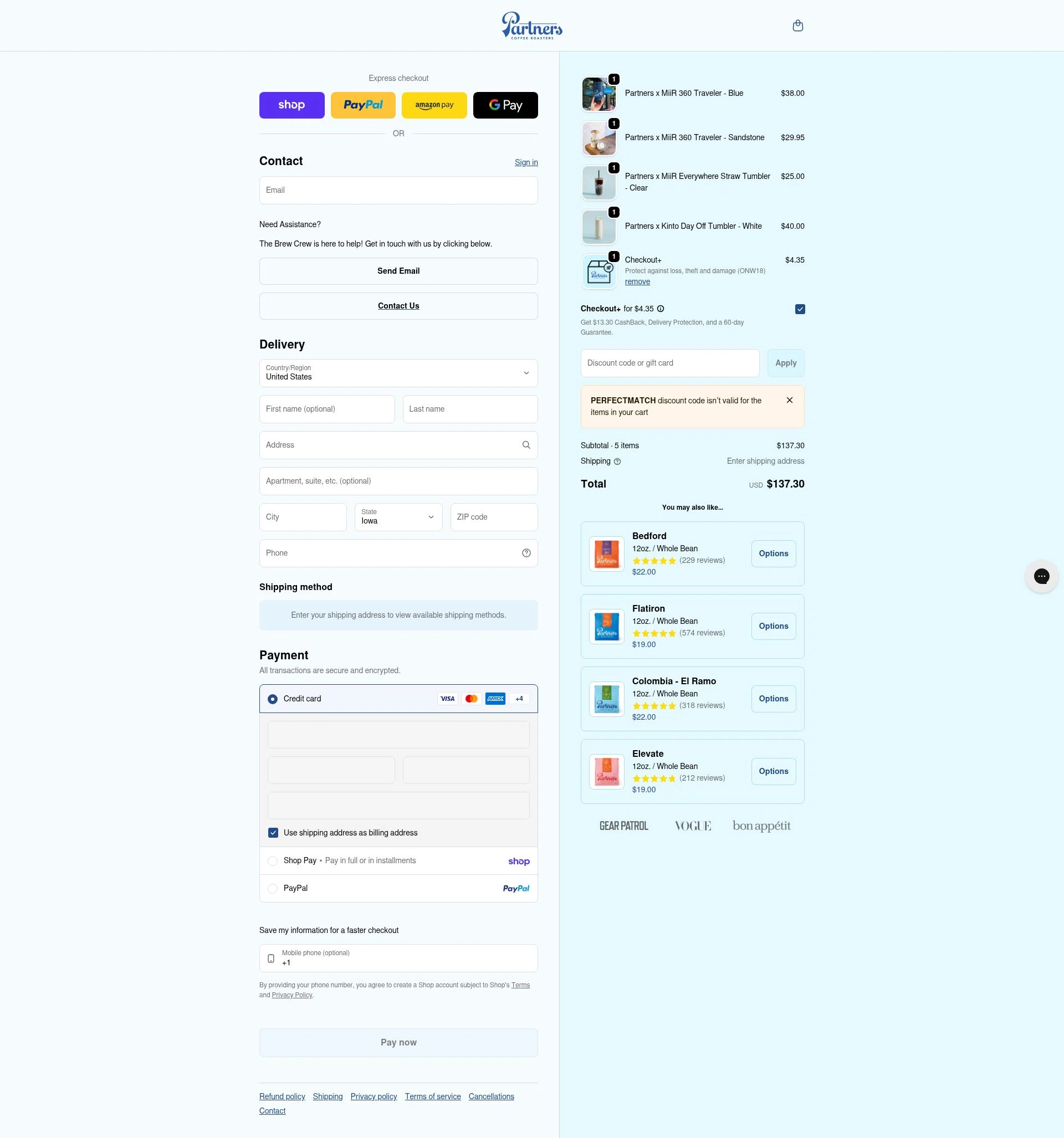 Partners Coffee checkout page showing Partners Coffee discount code box | Screenshot taken by SimplyCodes community member on Feb 3, 2026