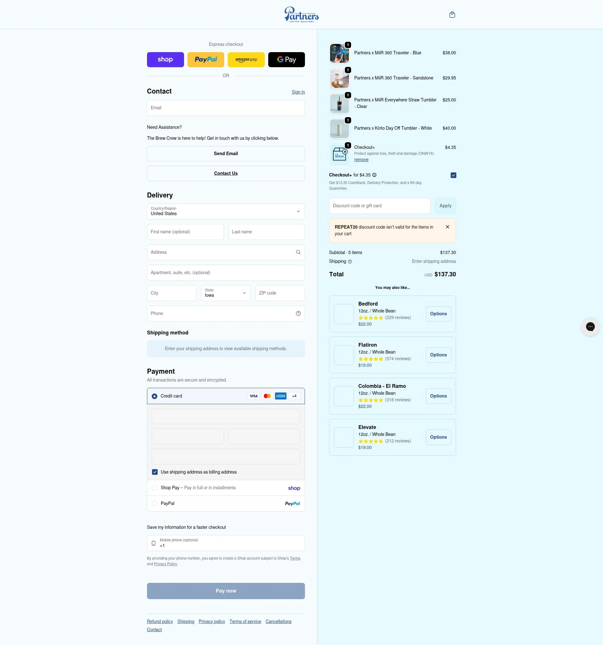 Partners Coffee checkout page showing Partners Coffee discount code box | Screenshot taken by SimplyCodes community member on Feb 3, 2026