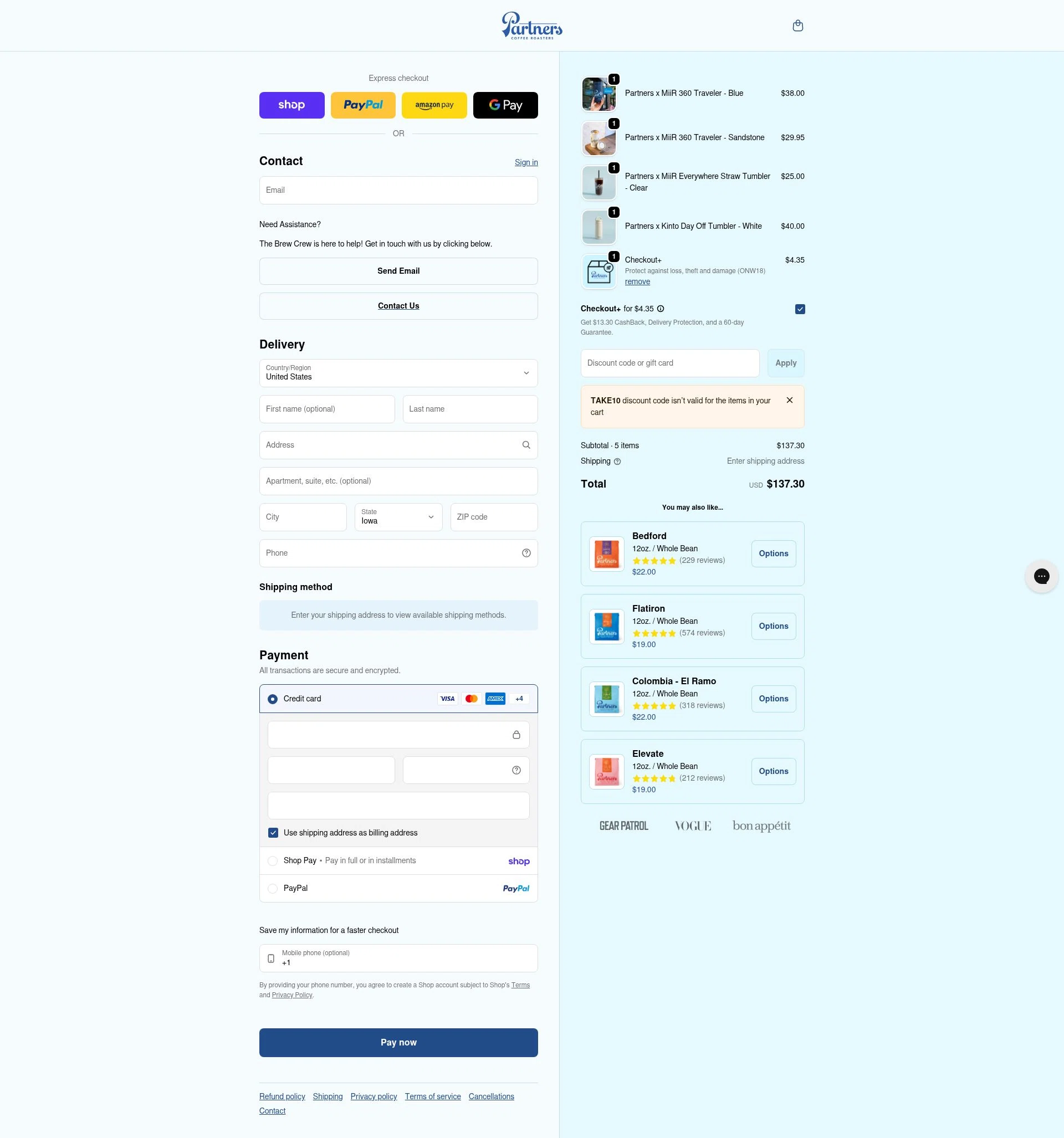 Partners Coffee checkout page showing Partners Coffee discount code box | Screenshot taken by SimplyCodes community member on Feb 3, 2026