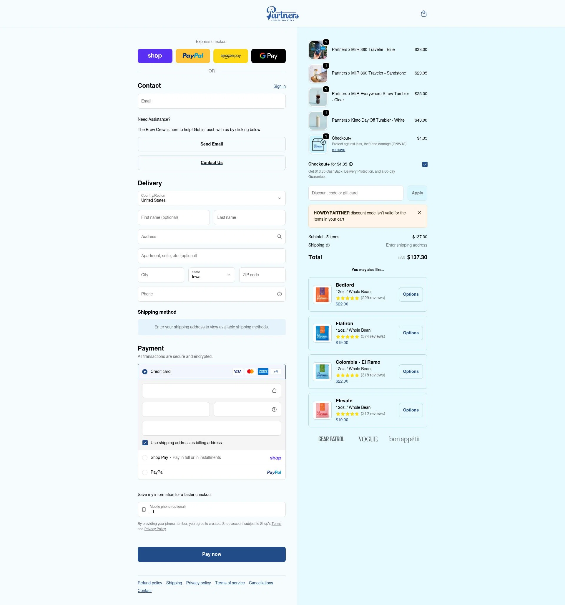 Partners Coffee checkout page showing Partners Coffee discount code box | Screenshot taken by SimplyCodes community member on Feb 3, 2026