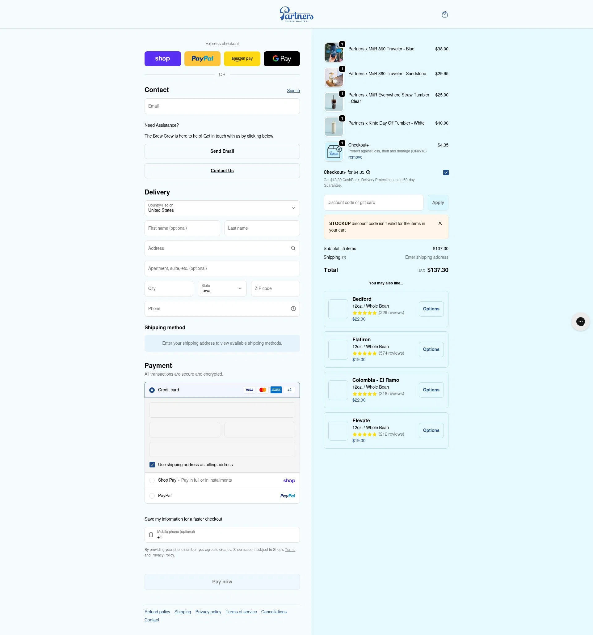 Partners Coffee checkout page showing Partners Coffee discount code box | Screenshot taken by SimplyCodes community member on Feb 3, 2026