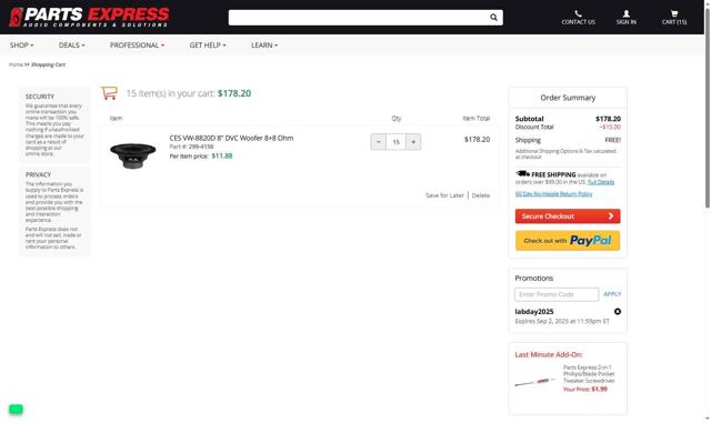 Parts-Express checkout page showing Parts-Express promo code box | Screenshot taken by SimplyCodes community member on Aug 26, 2025