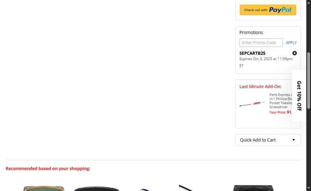 Parts-Express checkout page showing Parts-Express promo code box | Screenshot taken by SimplyCodes community member on Sep 5, 2025