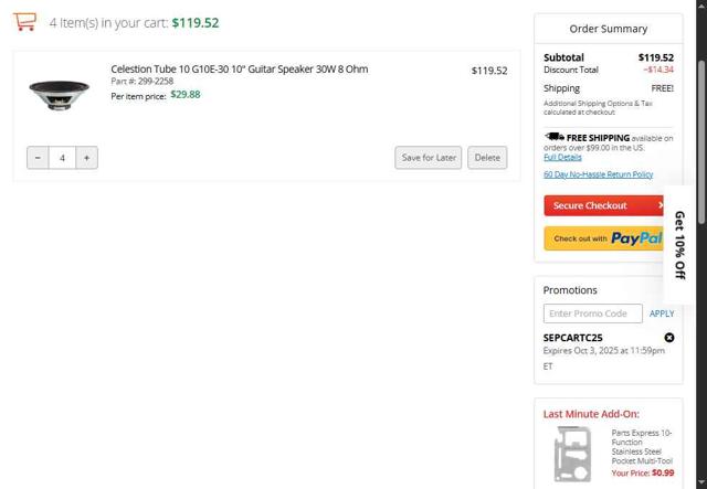 Parts-Express checkout page showing Parts-Express promo code box | Screenshot taken by SimplyCodes community member on Sep 5, 2025
