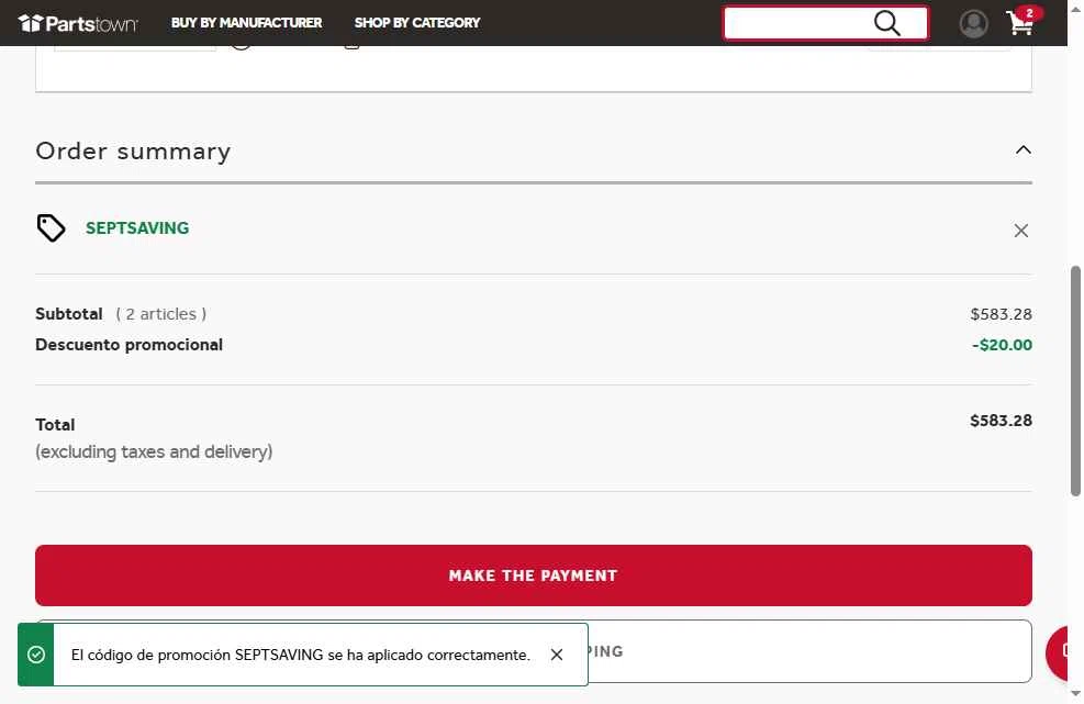 Parts Town checkout page showing Parts Town promo code box | Screenshot taken by SimplyCodes community member on Sep 23, 2025