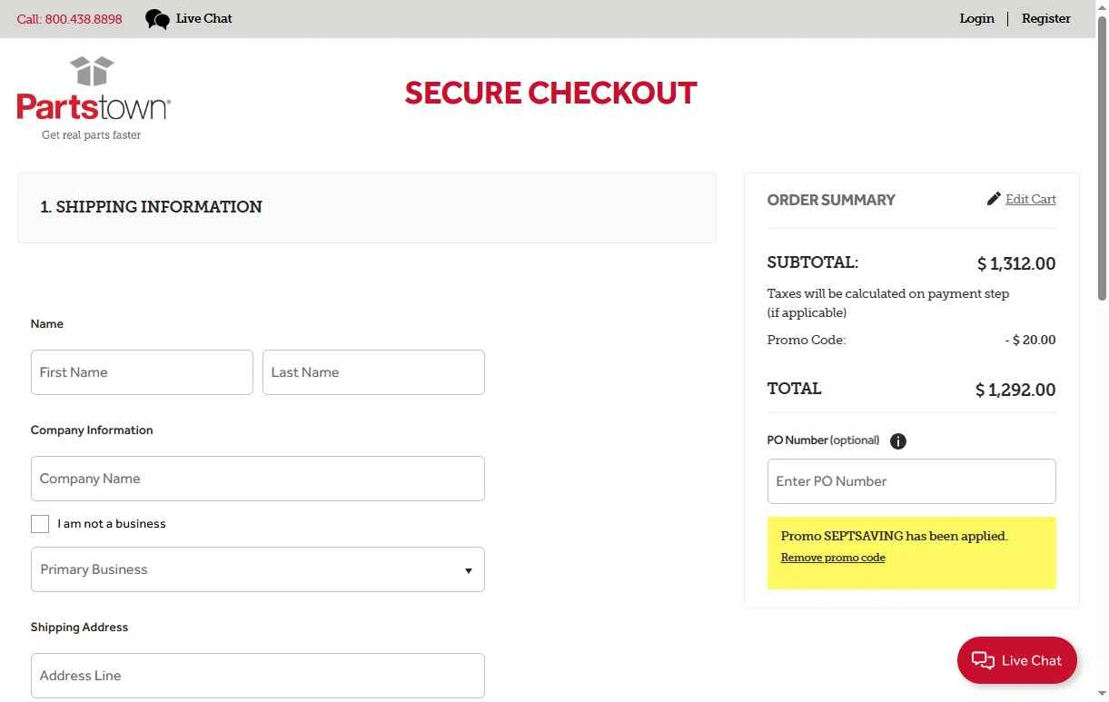 Parts Town checkout page showing Parts Town promo code box | Screenshot taken by SimplyCodes community member on Sep 23, 2025