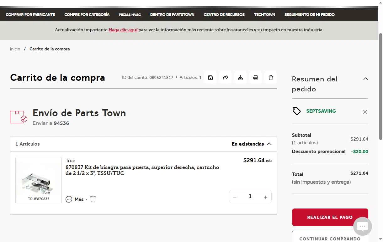 Parts Town checkout page showing Parts Town promo code box | Screenshot taken by SimplyCodes community member on Sep 15, 2025