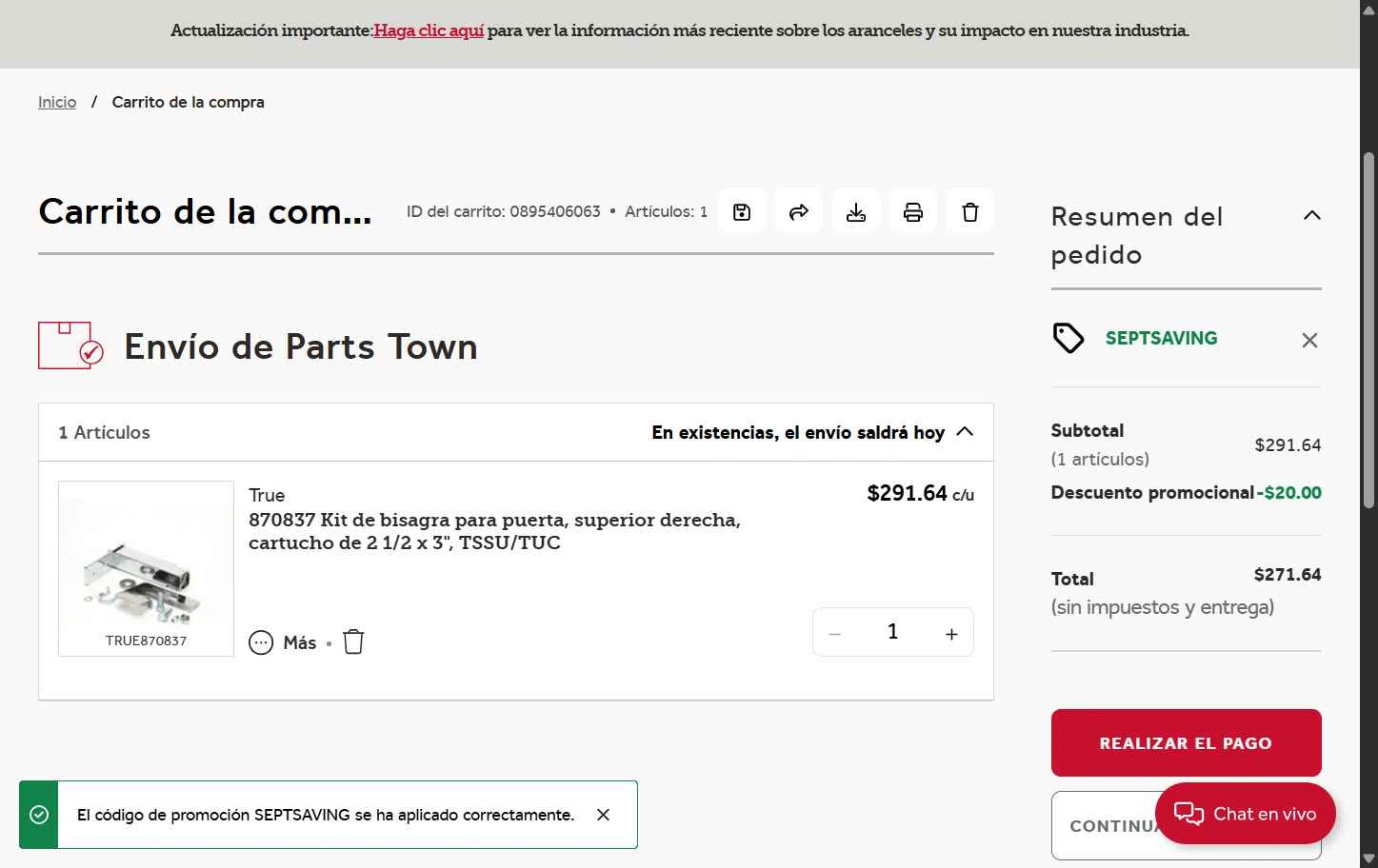 Parts Town checkout page showing Parts Town promo code box | Screenshot taken by SimplyCodes community member on Sep 23, 2025