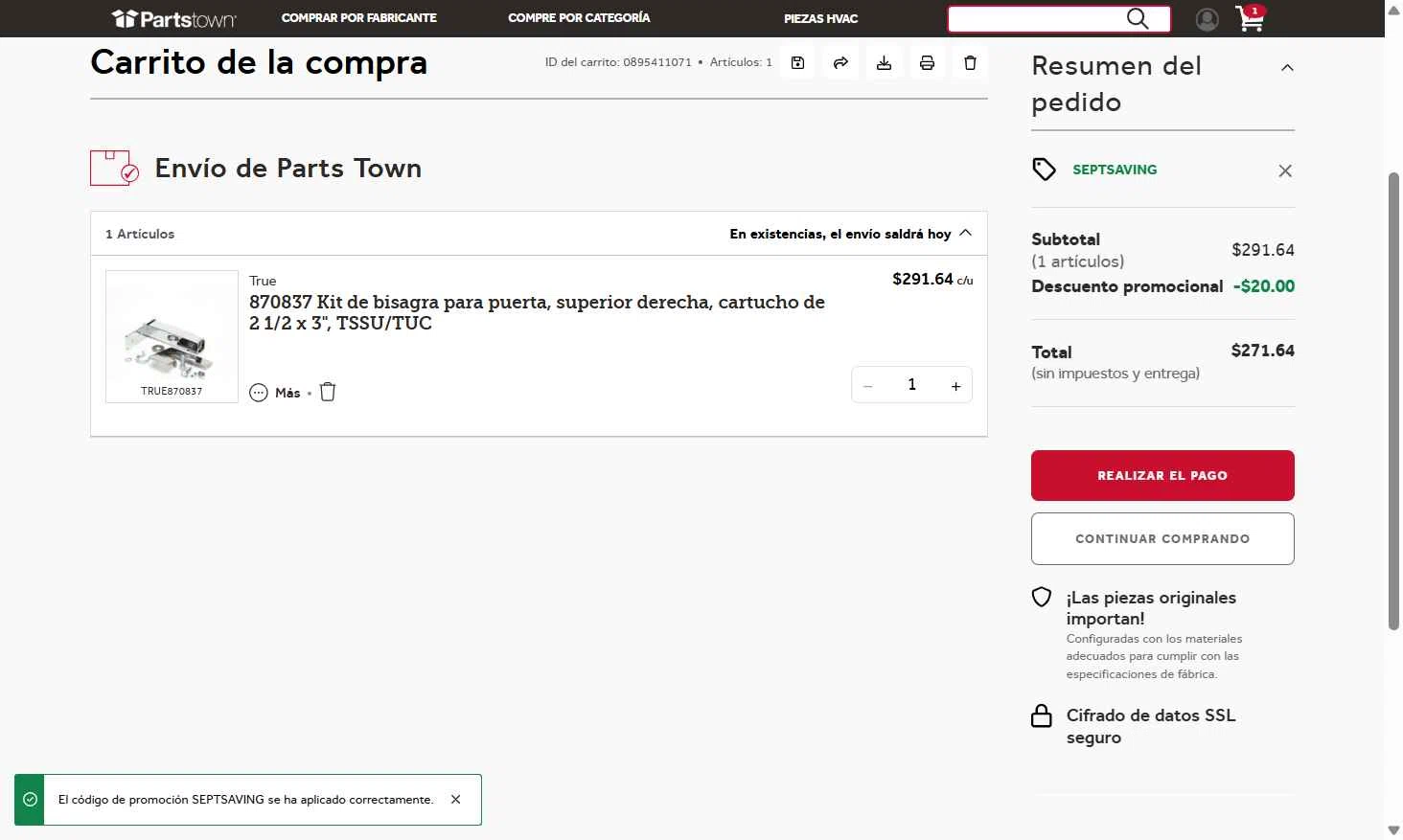 Parts Town checkout page showing Parts Town promo code box | Screenshot taken by SimplyCodes community member on Sep 23, 2025