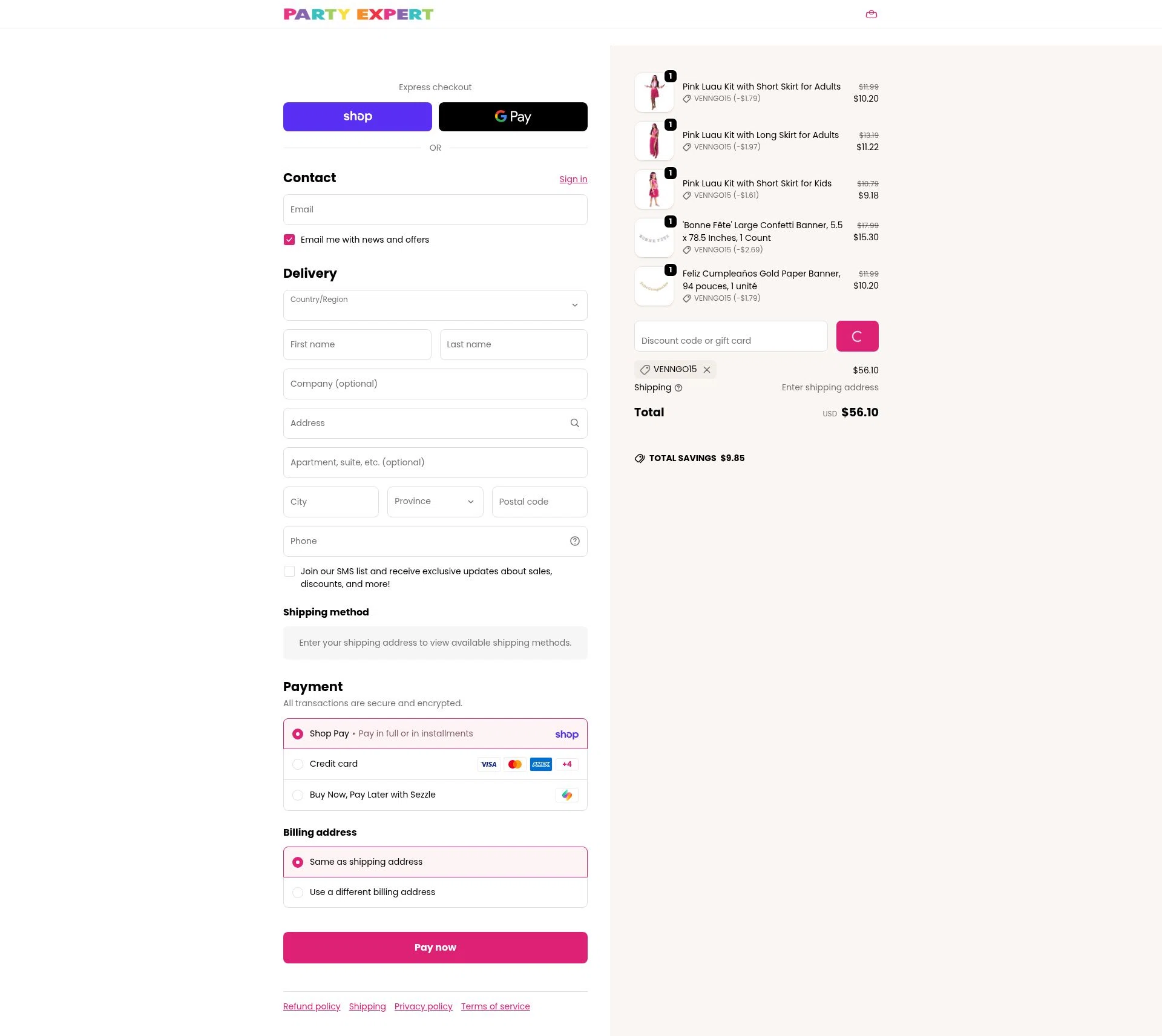 Party Expert CA checkout page showing Party Expert CA promo code box | Screenshot taken by SimplyCodes community member on Feb 13, 2026