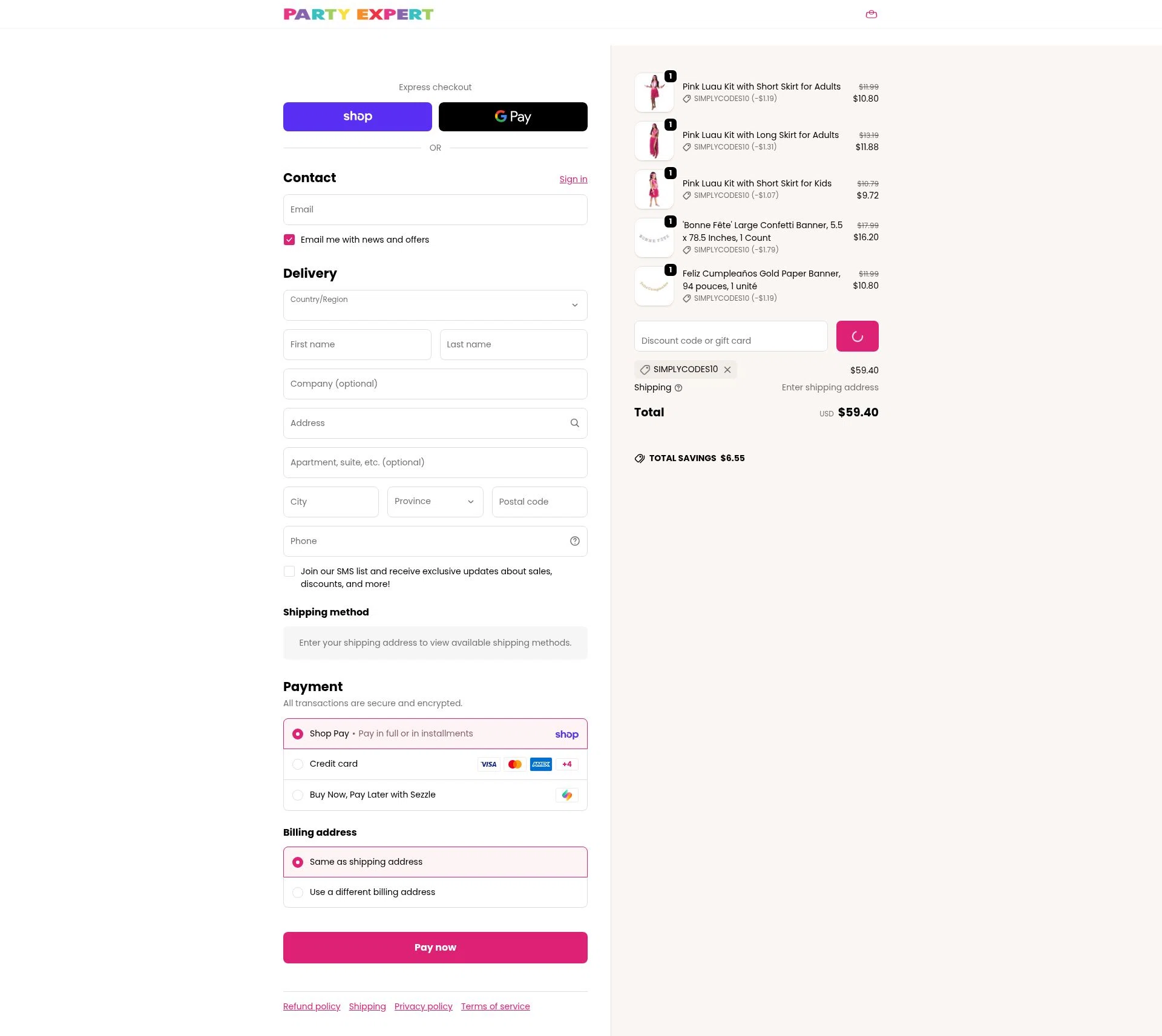 Party Expert CA checkout page showing Party Expert CA promo code box | Screenshot taken by SimplyCodes community member on Feb 13, 2026