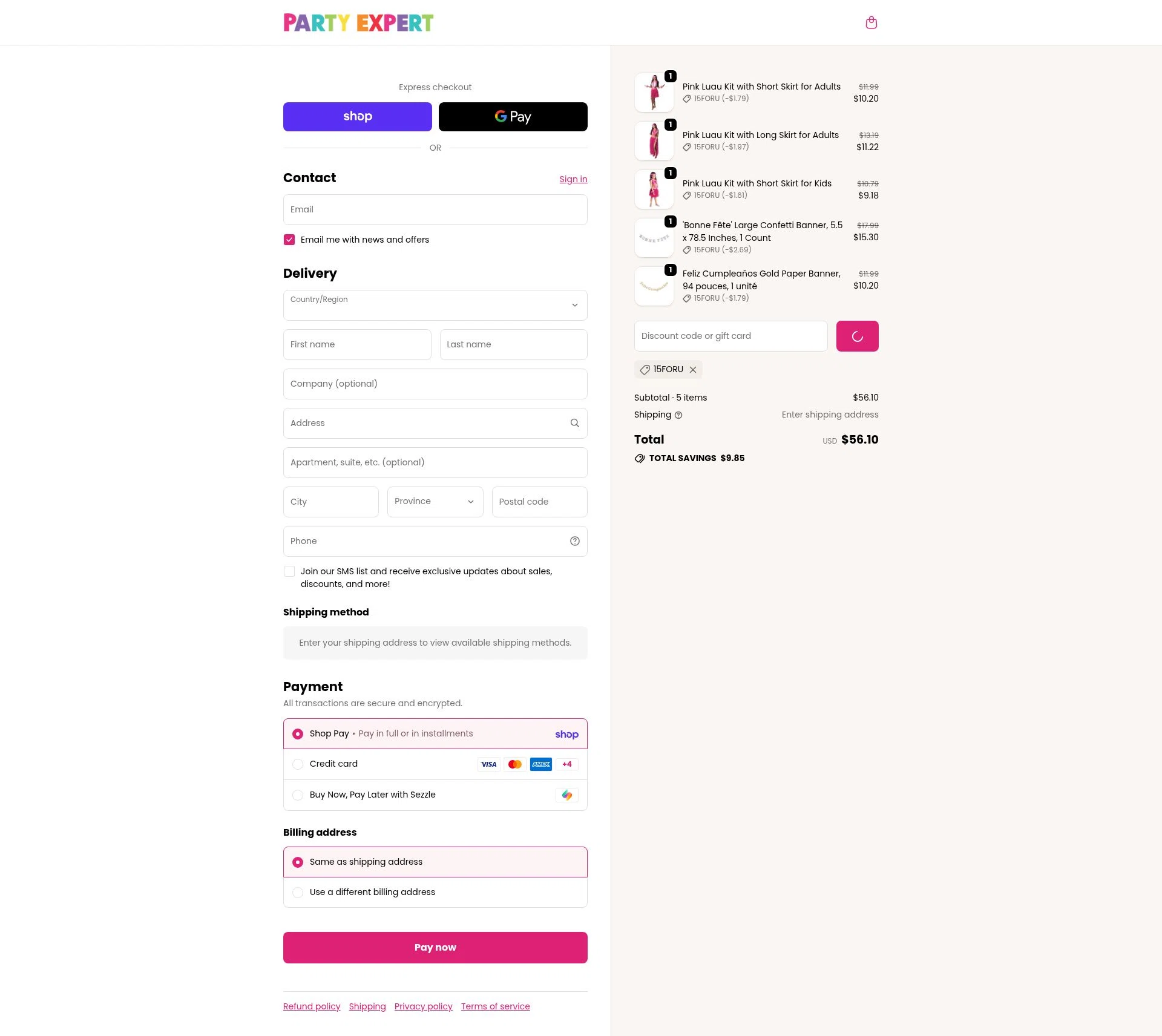 Party Expert CA checkout page showing Party Expert CA promo code box | Screenshot taken by SimplyCodes community member on Feb 13, 2026