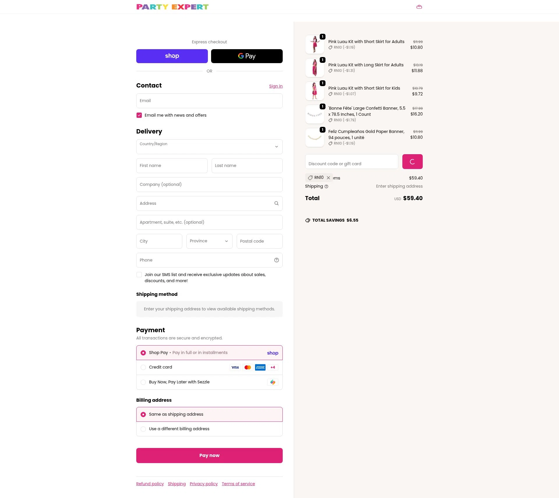 Party Expert CA checkout page showing Party Expert CA promo code box | Screenshot taken by SimplyCodes community member on Feb 13, 2026