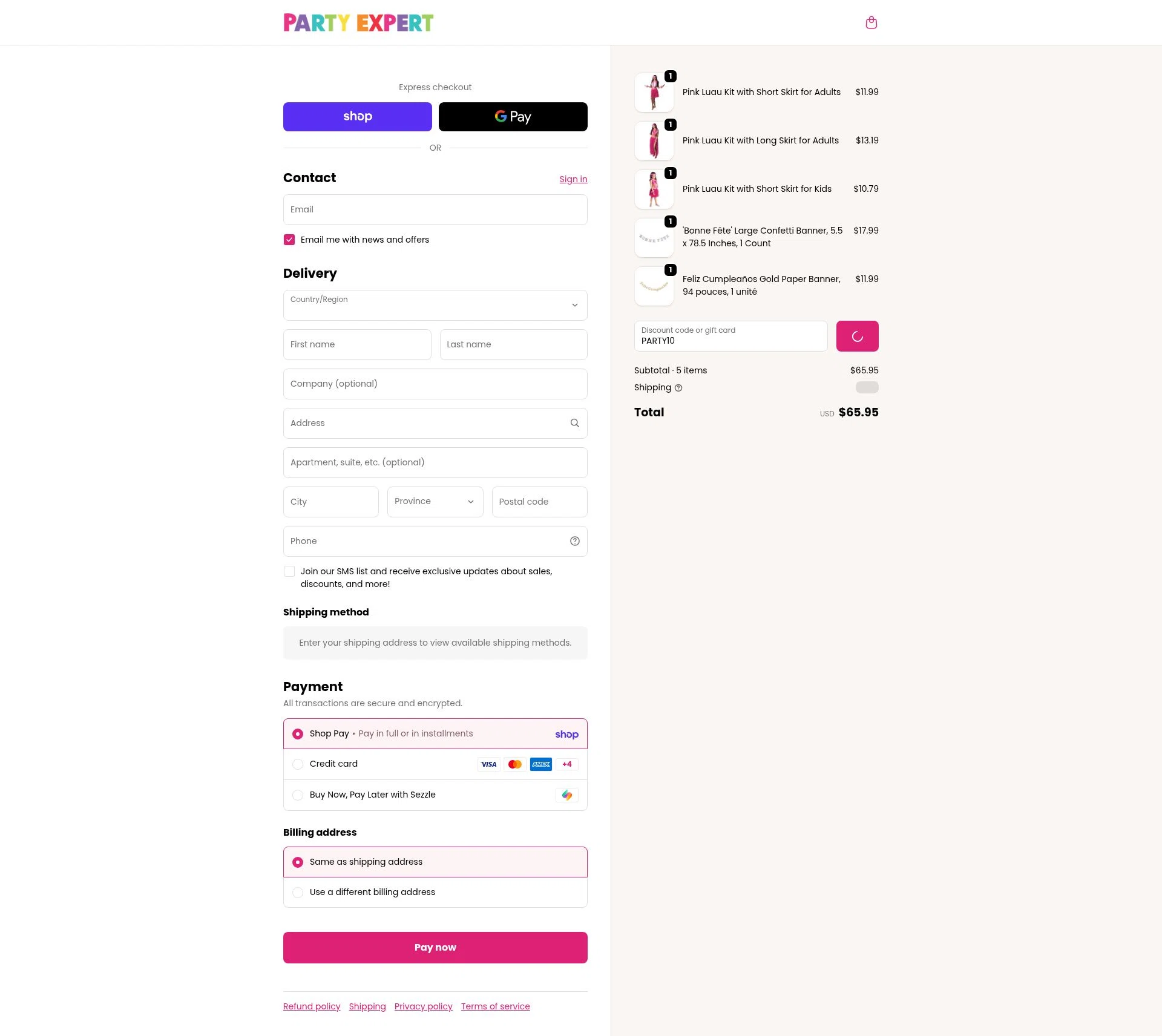 Party Expert CA checkout page showing Party Expert CA promo code box | Screenshot taken by SimplyCodes community member on Feb 13, 2026