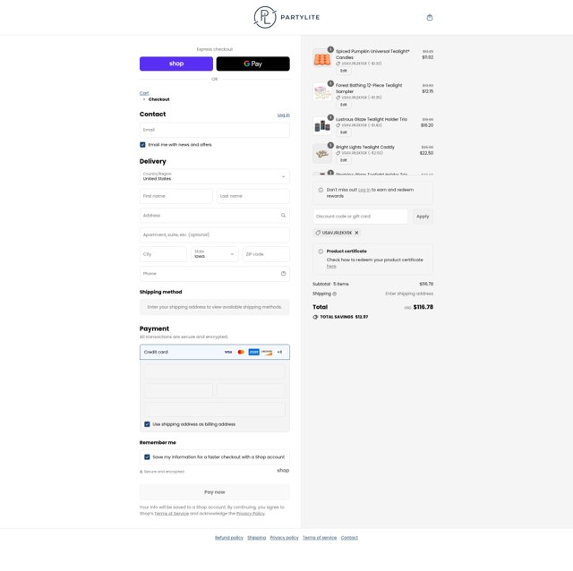 Party Lite checkout page showing Party Lite promo code box | Screenshot taken by SimplyCodes community member on Sep 2, 2025