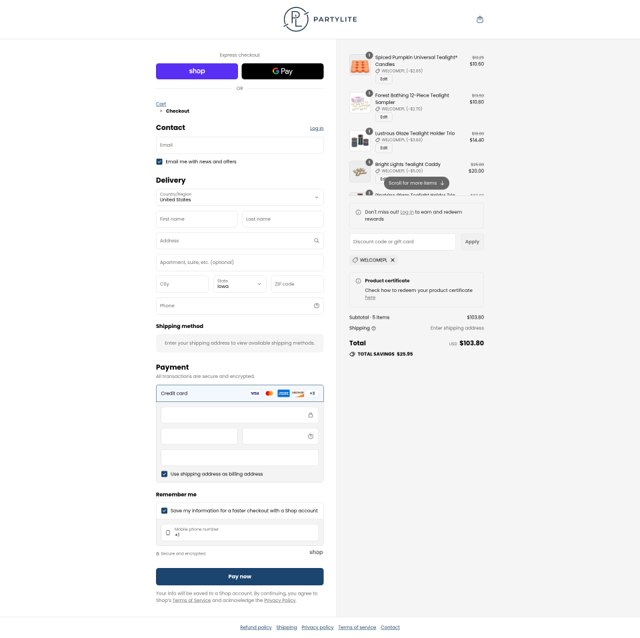 Party Lite checkout page showing Party Lite promo code box | Screenshot taken by SimplyCodes community member on Aug 29, 2025