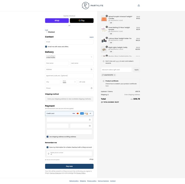 Party Lite checkout page showing Party Lite promo code box | Screenshot taken by SimplyCodes community member on Sep 2, 2025