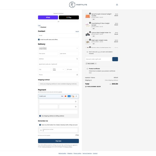 Party Lite checkout page showing Party Lite promo code box | Screenshot taken by SimplyCodes community member on Sep 2, 2025