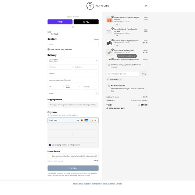 Party Lite checkout page showing Party Lite promo code box | Screenshot taken by SimplyCodes community member on Aug 29, 2025