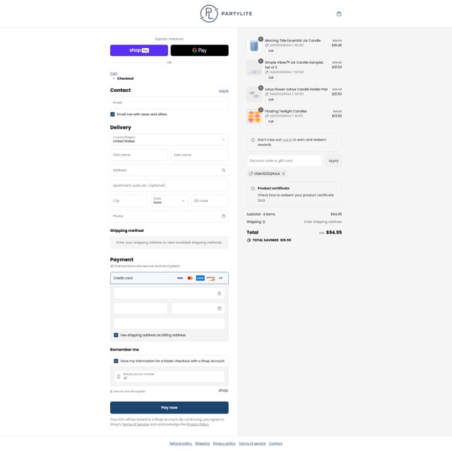 Party Lite checkout page showing Party Lite promo code box | Screenshot taken by SimplyCodes community member on Aug 25, 2025