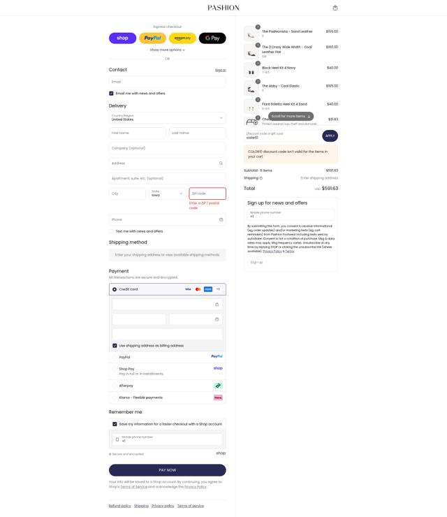 Pashion Footwear checkout page showing Pashion Footwear discount code box | Screenshot taken by SimplyCodes community member on Sep 12, 2025