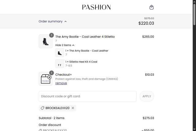 Pashion Footwear checkout page showing Pashion Footwear discount code box | Screenshot taken by SimplyCodes community member on Sep 13, 2025