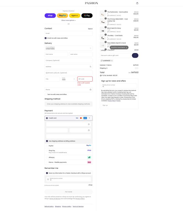 Pashion Footwear checkout page showing Pashion Footwear discount code box | Screenshot taken by SimplyCodes community member on Sep 12, 2025