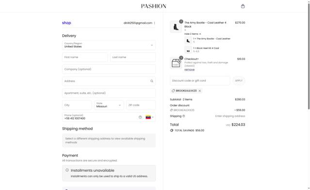 Pashion Footwear checkout page showing Pashion Footwear discount code box | Screenshot taken by SimplyCodes community member on Sep 13, 2025