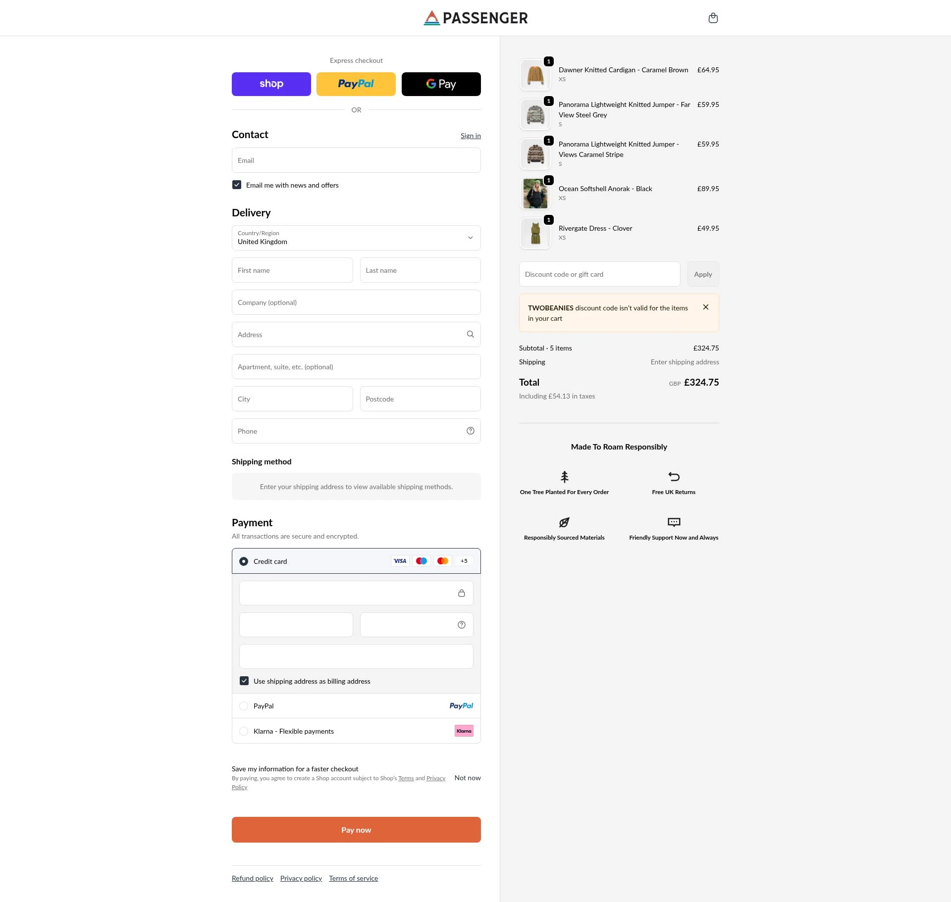 Passenger Clothing checkout page showing Passenger Clothing discount code box | Screenshot taken by SimplyCodes community member on Feb 18, 2026
