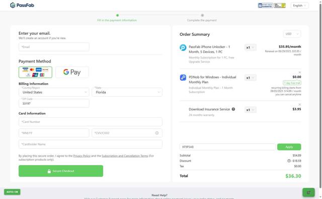 PassFab checkout page showing PassFab promo code box | Screenshot taken by SimplyCodes community member on Aug 29, 2025