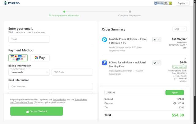 PassFab checkout page showing PassFab promo code box | Screenshot taken by SimplyCodes community member on Aug 29, 2025