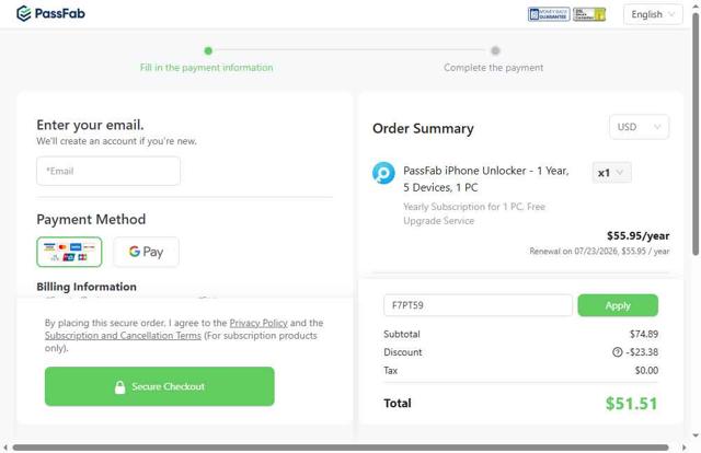 PassFab checkout page showing PassFab promo code box | Screenshot taken by SimplyCodes community member on Jul 23, 2025